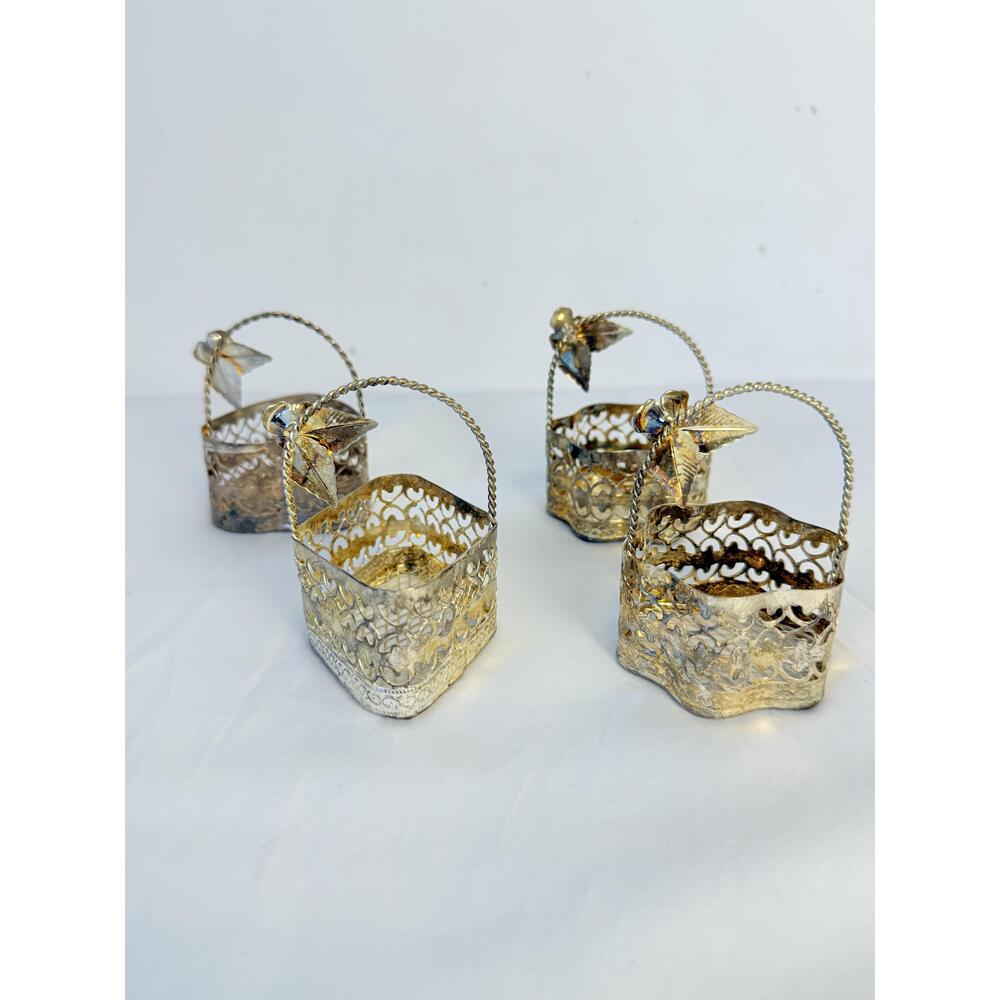 Set of 4  Silver Plated Metal Rose Handle Decorative Trinket Baskets - Picture 3 of 14